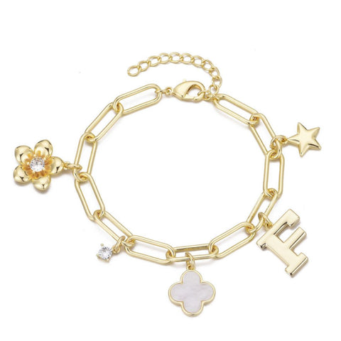 14k Yellow Gold Plated Initial Chunky Charm Bracelet