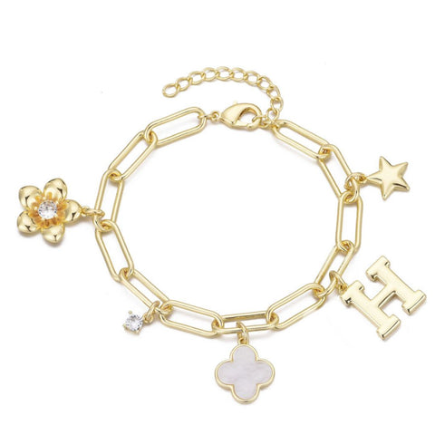 14k Yellow Gold Plated Initial Chunky Charm Bracelet