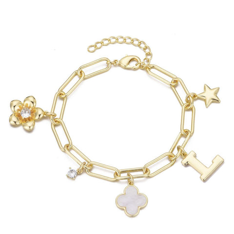 14k Yellow Gold Plated Initial Chunky Charm Bracelet