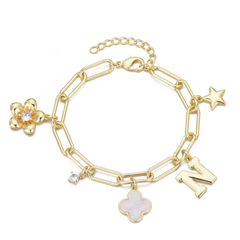 14k Yellow Gold Plated Initial Chunky Charm Bracelet
