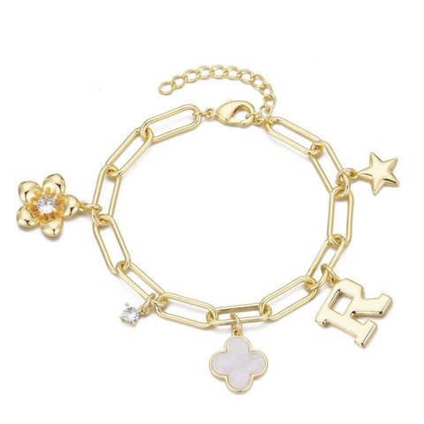 14k Yellow Gold Plated Initial Chunky Charm Bracelet
