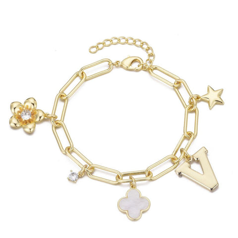 14k Yellow Gold Plated Initial Chunky Charm Bracelet