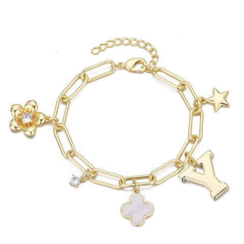 14k Yellow Gold Plated Initial Chunky Charm Bracelet