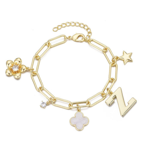 14k Yellow Gold Plated Initial Chunky Charm Bracelet