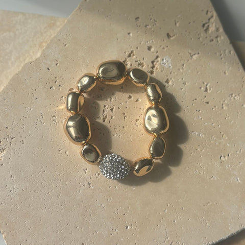 Pebbled Gold Stretch Bracelet with Crystal Center