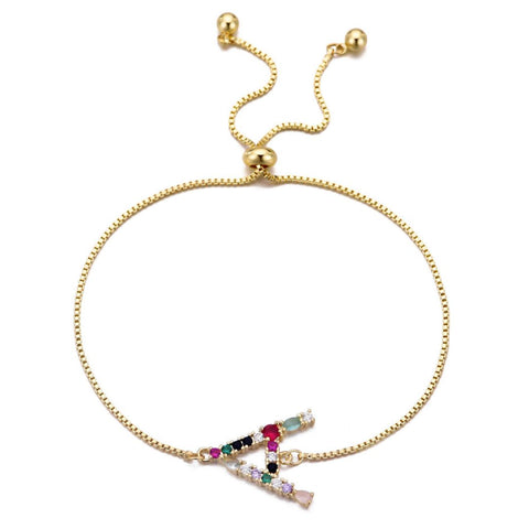 14k Gold Plated Multi Color Stone Initial Bolo Bracelet