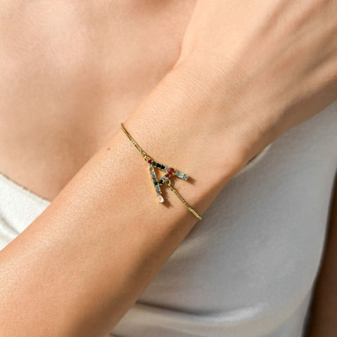14k Gold Plated Multi Color Stone Initial Bolo Bracelet
