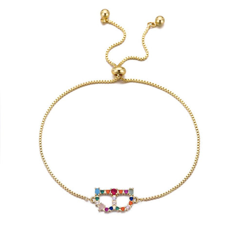 14k Gold Plated Multi Color Stone Initial Bolo Bracelet