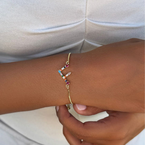 14k Gold Plated Multi Color Stone Initial Bolo Bracelet