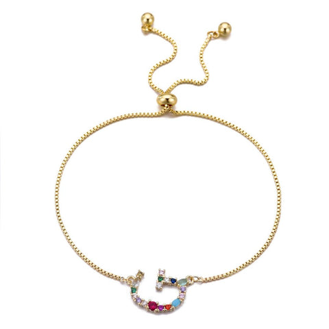 14k Gold Plated Multi Color Stone Initial Bolo Bracelet