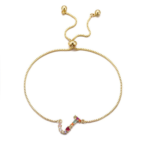 14k Gold Plated Multi Color Stone Initial Bolo Bracelet