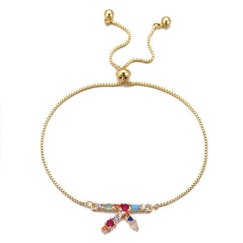 14k Gold Plated Multi Color Stone Initial Bolo Bracelet