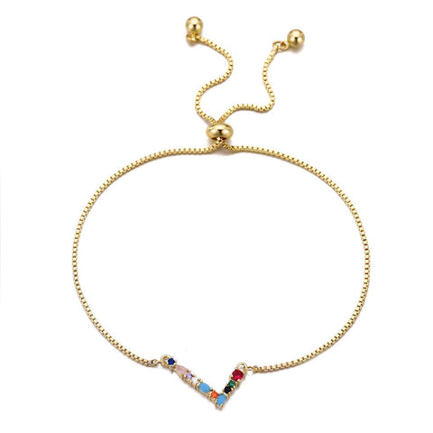 14k Gold Plated Multi Color Stone Initial Bolo Bracelet