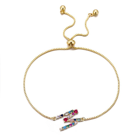 14k Gold Plated Multi Color Stone Initial Bolo Bracelet