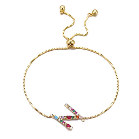 14k Gold Plated Multi Color Stone Initial Bolo Bracelet