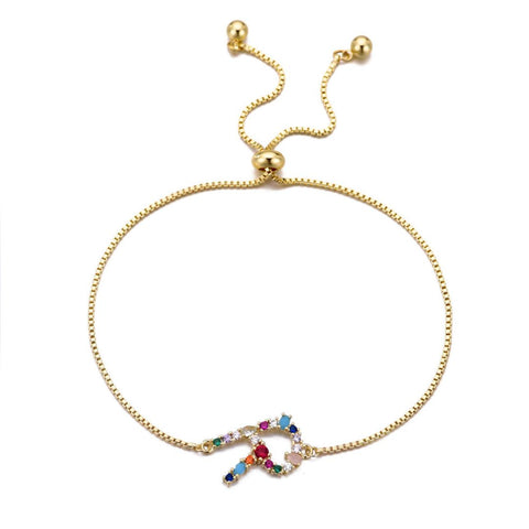 14k Gold Plated Multi Color Stone Initial Bolo Bracelet
