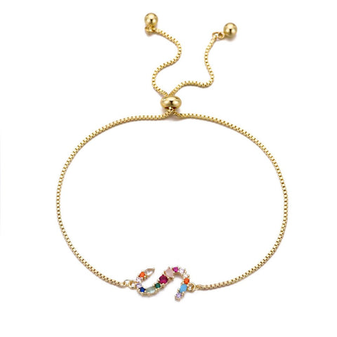14k Gold Plated Multi Color Stone Initial Bolo Bracelet