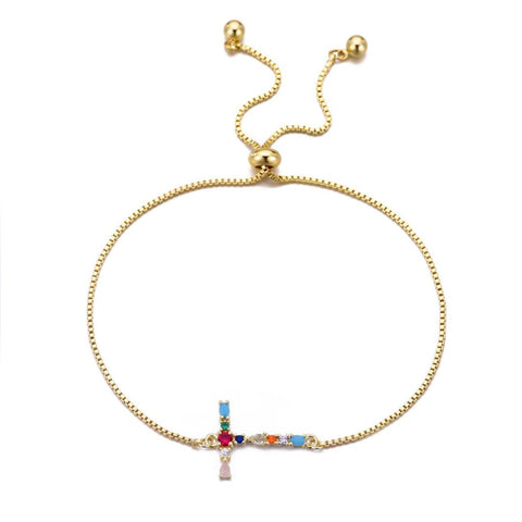 14k Gold Plated Multi Color Stone Initial Bolo Bracelet