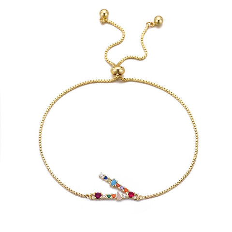14k Gold Plated Multi Color Stone Initial Bolo Bracelet
