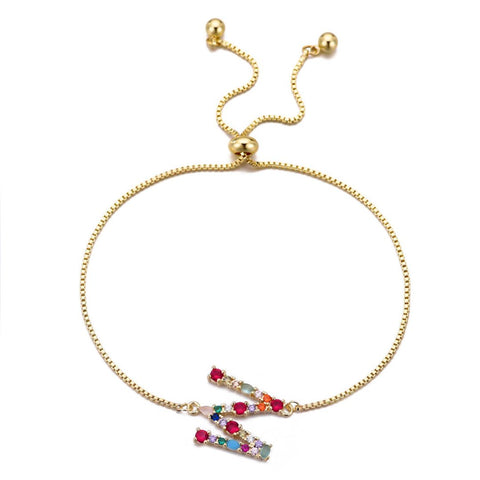 14k Gold Plated Multi Color Stone Initial Bolo Bracelet