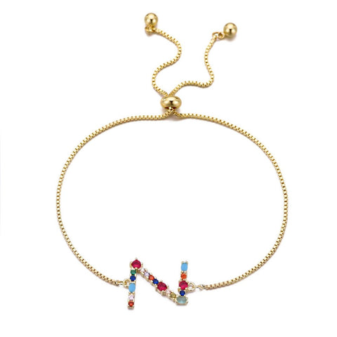 14k Gold Plated Multi Color Stone Initial Bolo Bracelet
