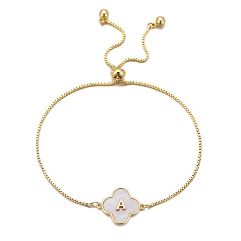14k Gold Plated Mother of Pearl Initial Clover Bolo Bracelet