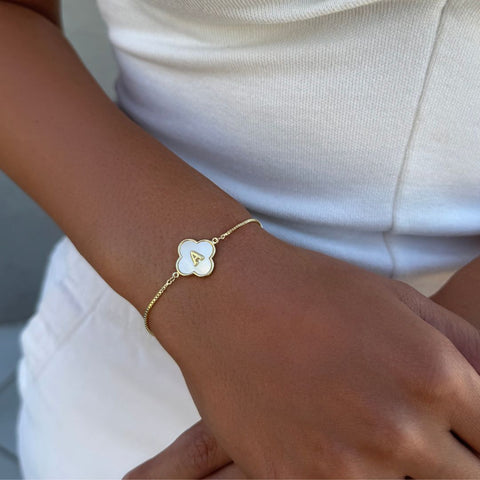 14k Gold Plated Mother of Pearl Initial Clover Bolo Bracelet