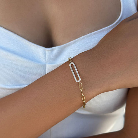 14k Gold Plated Elongated Pave CZ Link Bracelet