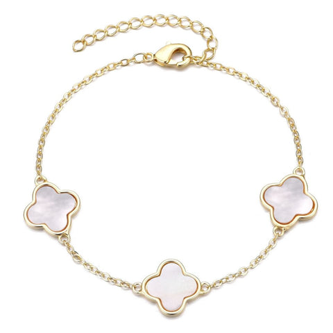 14k Yellow Gold Plated White Mother of Pearl Clover Station Bracelet