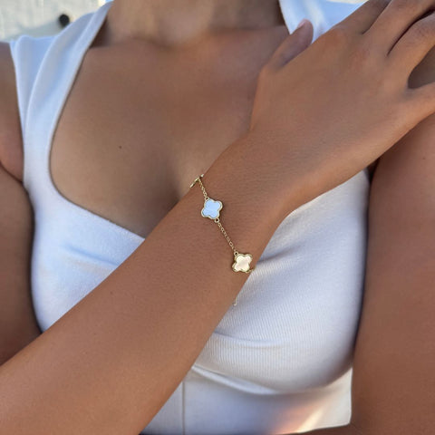 14k Yellow Gold Plated White Mother of Pearl Clover Station Bracelet