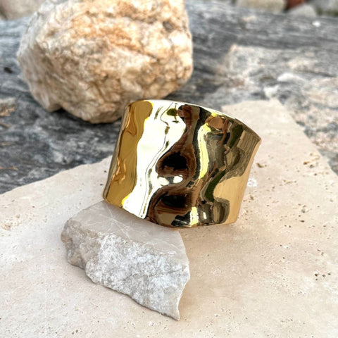 Gold Plated Tall Hammered Bangle