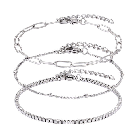 Tarnish Resistant Silver 3-Chain Bracelet Set