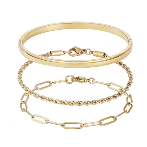 Tarnish Resistant 18k Gold Plated Cuff and Chain Bracelet Set