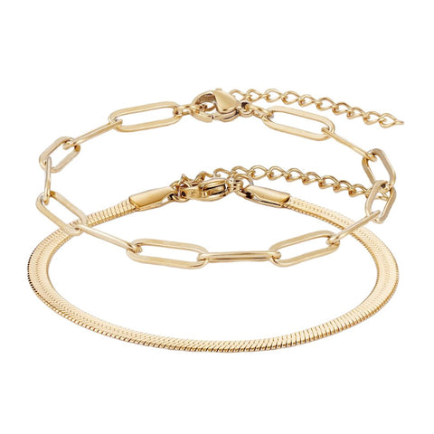 Tarnish Resistant 18k Gold Plated 2-Chain Bracelet Set
