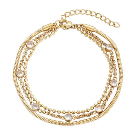 Tarnish Resistant 18k Gold Plated Layered Crystal 3-Chain Bracelet