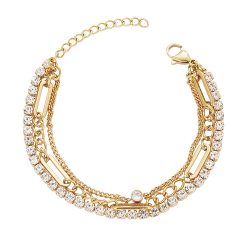 Tarnish Resistant 18k Gold Plated Layered Crystal Tennis 3-Chain Bracelet