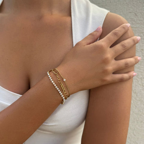 Tarnish Resistant 18k Gold Plated Layered Crystal Tennis 3-Chain Bracelet