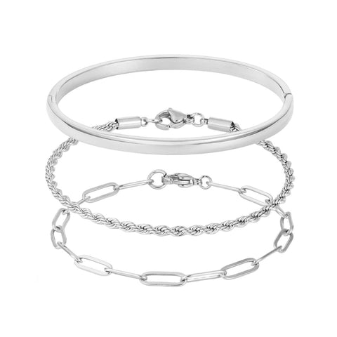 Tarnish Resistant Silver Plated Cuff and Chain Bracelet Set