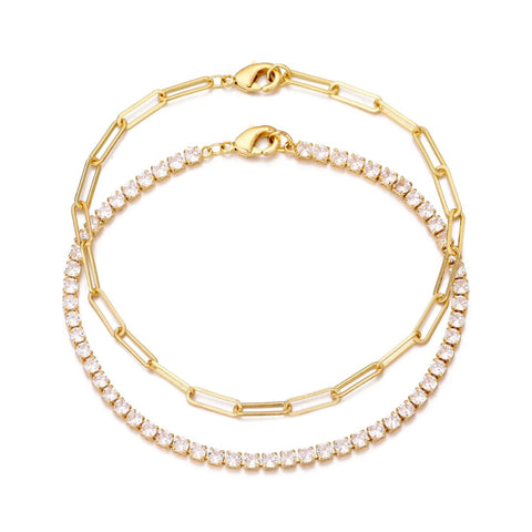 14k Gold Plated Tennis and Paperclip Chain Bracelet Set