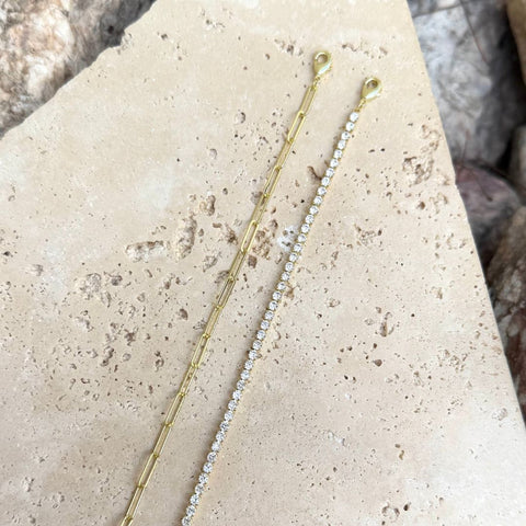 14k Gold Plated Tennis and Paperclip Chain Bracelet Set