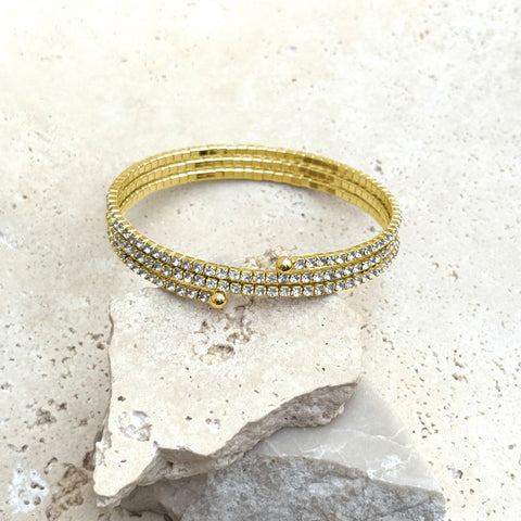 Gold Plated Triple Coil Crystal Tennis Stretch Bracelet