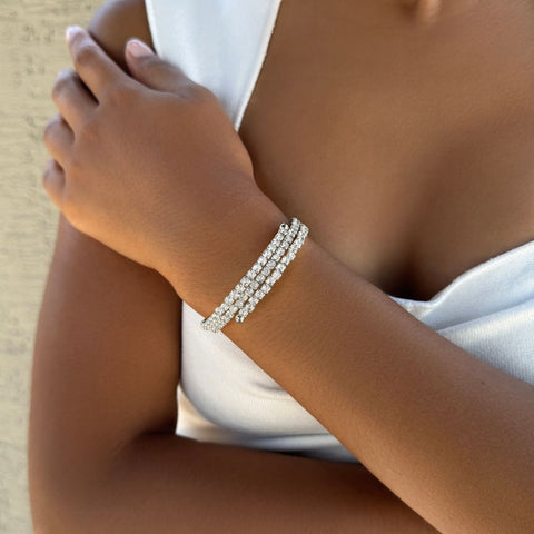 Silver Plated Coil Stretch Crystal Tennis Wrap Bracelet