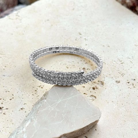 Silver Plated Coil Stretch Crystal Tennis Wrap Bracelet