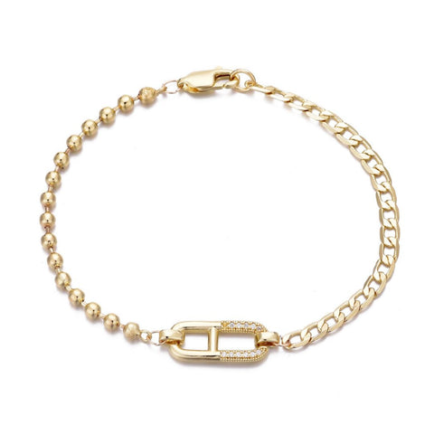 14k Gold Plated Mixed Chain CZ Sideways Pendant Bracelet