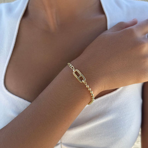 14k Gold Plated Mixed Chain CZ Sideways Pendant Bracelet
