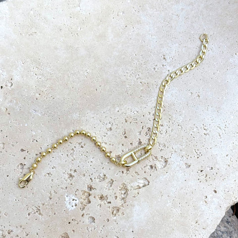 14k Gold Plated Mixed Chain CZ Sideways Pendant Bracelet