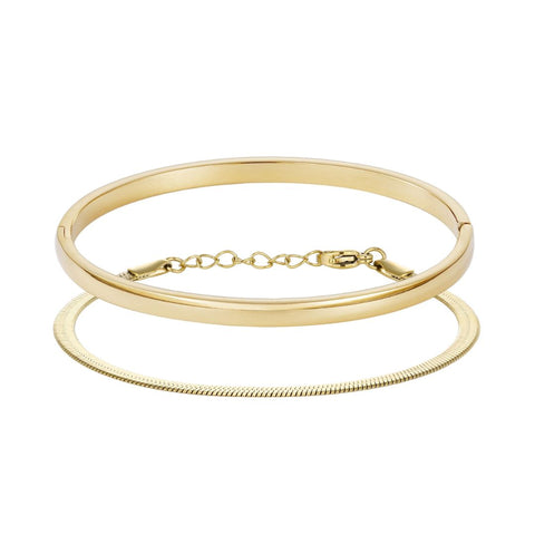 Tarnish Resistant 18k Gold Plated Herringbone and Cuff Bracelet Set