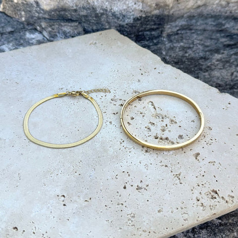 Tarnish Resistant 18k Gold Plated Herringbone and Cuff Bracelet Set