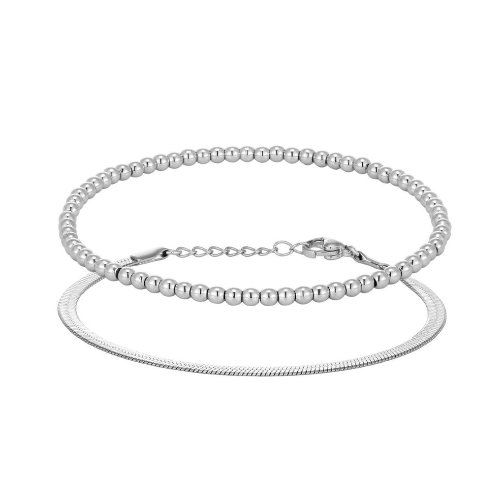 Tarnish Resistant Silver Herringbone and Beaded Bracelet Set