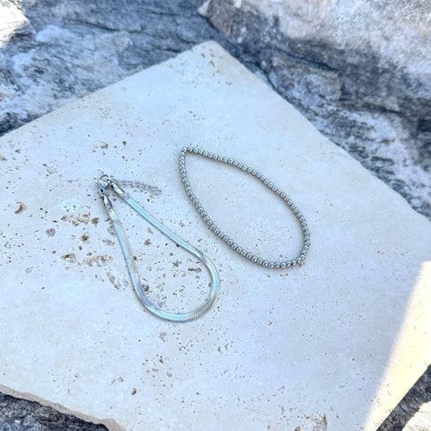 Tarnish Resistant Silver Herringbone and Beaded Bracelet Set